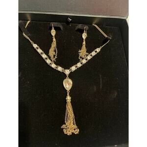 Jardin Rhinestone Gold Tone Tassel Necklace & Earring Set